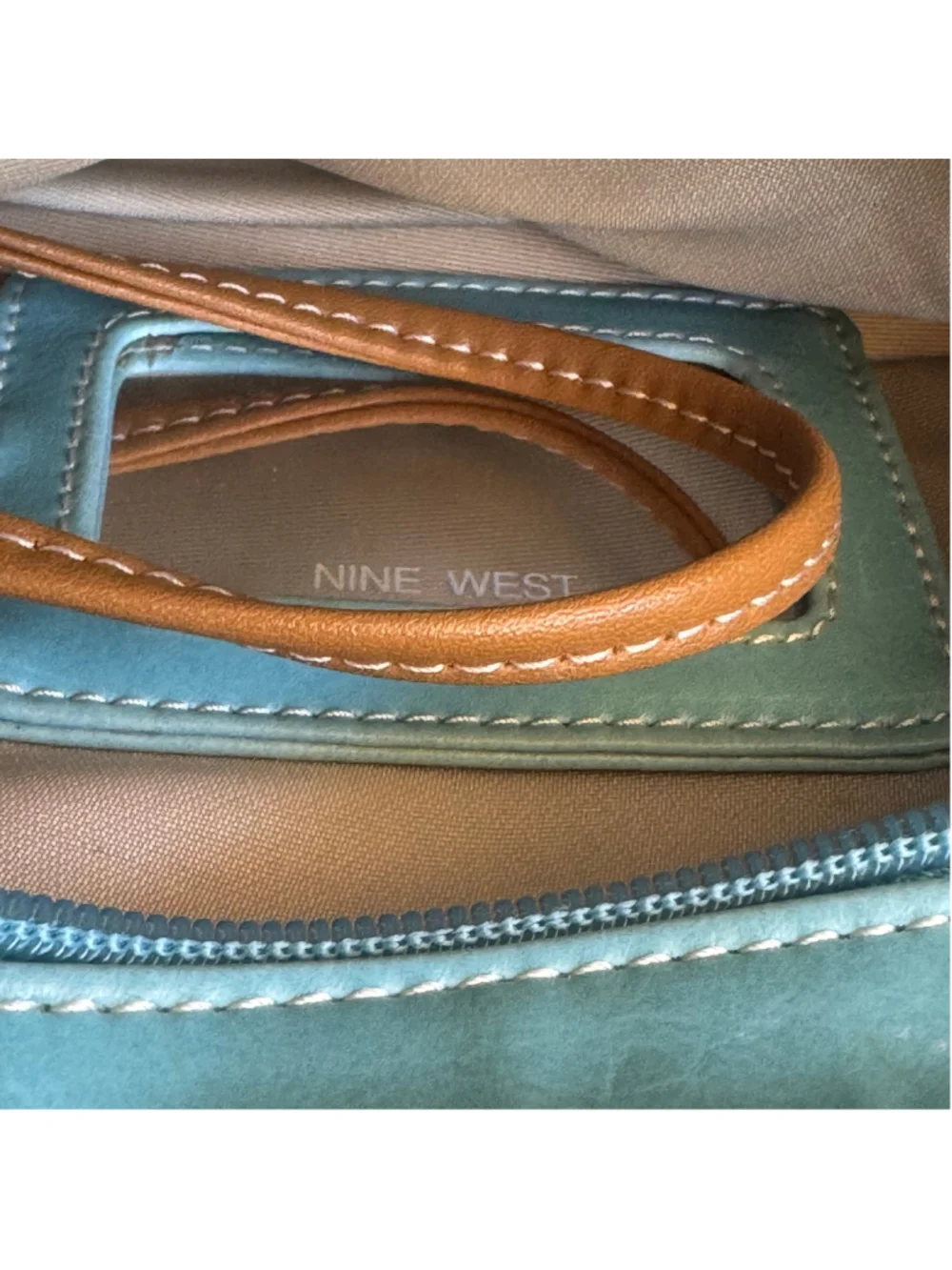Nine West Turquoise Blue Hobo Shoulder Bag Tan Trim Y2K Purse